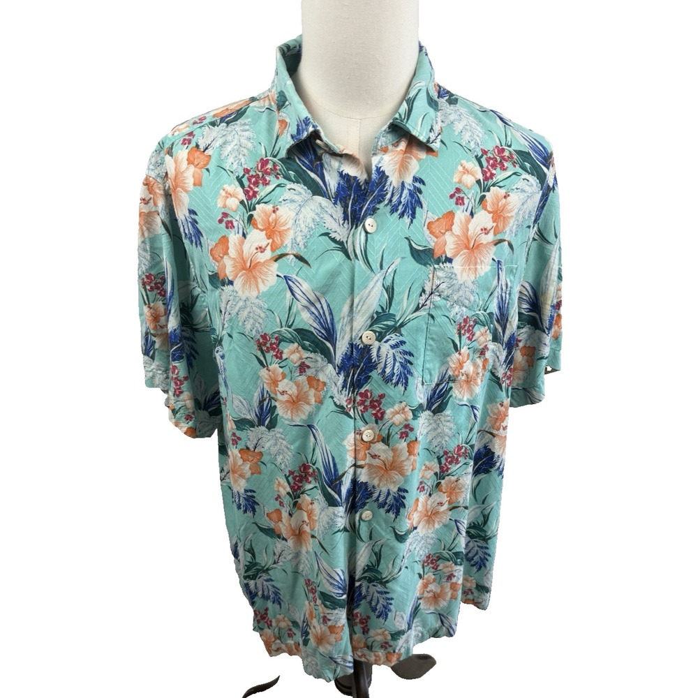 Tommy Bahama Mens XL Tropical Hibiscus Floral Silk Blend Camp Shirt Aqua Teal